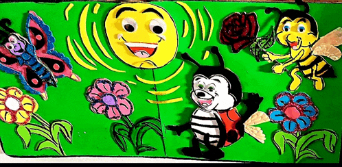 a cartoon drawing of bees , butterflies , flowers and a sun