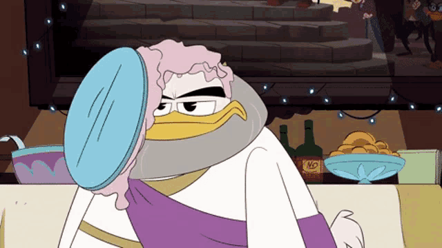a cartoon of a duck with a beard and a bowl on his head with a bottle that says msd