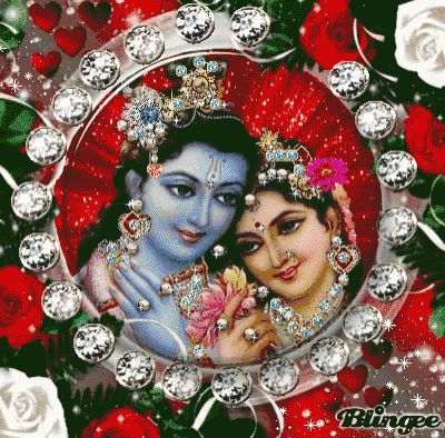 a painting of krishna and radha surrounded by diamonds and flowers