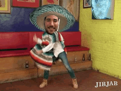 a man in a sombrero and poncho is dancing in a room with jibjab written on the bottom