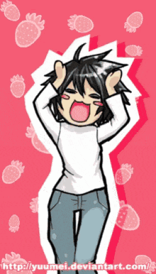 a cartoon drawing of a person with strawberries in the background
