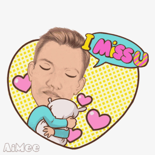 a cartoon of a man hugging a rabbit with a speech bubble saying i miss you