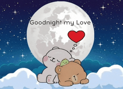 two teddy bears are sleeping in front of a full moon with the words goodnight my love written above them