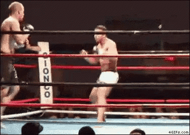 two men are fighting in a boxing ring with a sign that says ' icon ' on it .