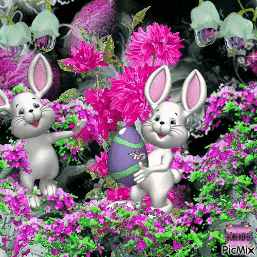 a couple of bunny rabbits holding an easter egg in a field of flowers