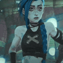 a cartoon girl with blue hair and a black top with a cross on it is standing in a dark room .