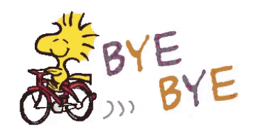 a cartoon of snoopy riding a bike with the words `` bye bye '' written below him .