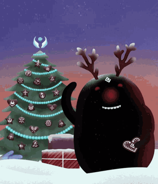 a black monster with antlers and a christmas tree in the background