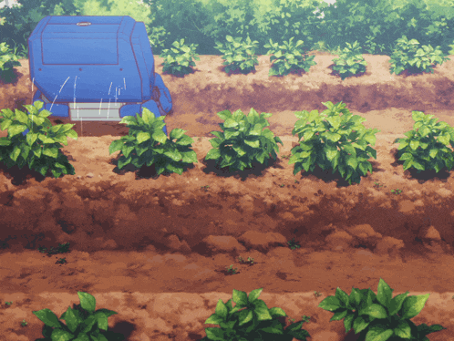 a blue robot sits in the middle of a garden