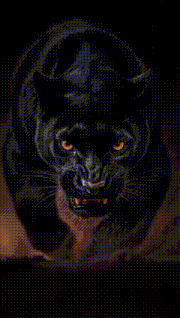 a painting of a black panther with glowing eyes
