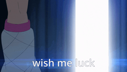 a cartoon character is standing in front of a blue curtain with the words wish me luck on the bottom