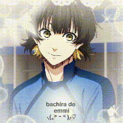 a close up of a person 's face with the words bachira de emmi written on it