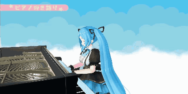 a girl with blue hair is playing a piano in a pixel art style