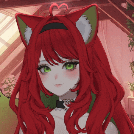 a girl with red hair and cat ears has a heart on her head