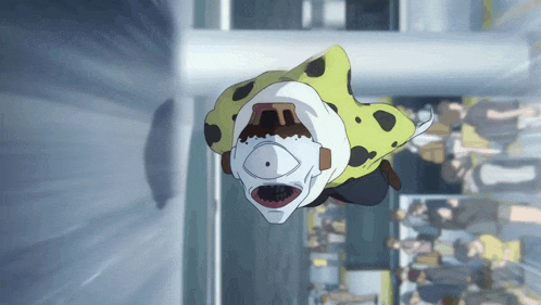 a person with a mask on their face is flying through a building