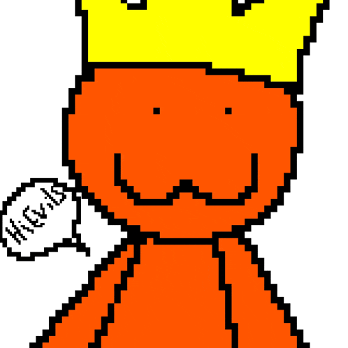 a pixel art drawing of a cartoon character with a yellow crown on his head