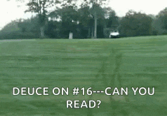 a golf cart is driving down a golf course with the words `` deuce on # 16 can you read ? '' written on it .