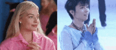 a woman in a pink shirt is smiling next to a man in a blue shirt .