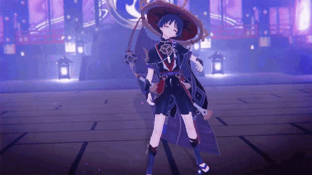a video game character is standing in a dark room with a purple background