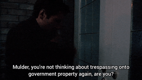 a man leaning against a wall with the words mulder you 're not thinking about trespassing into government property again are you