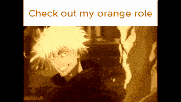 a cartoon of a man with yellow hair and the words check out my orange role below him