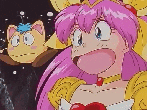 a cartoon of a girl with pink hair and a cat with a blue flower on its head