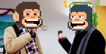 two pixelated monkeys are standing next to each other with the number 1 in the background