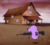 a cartoon dog with a gun is running in front of a house .