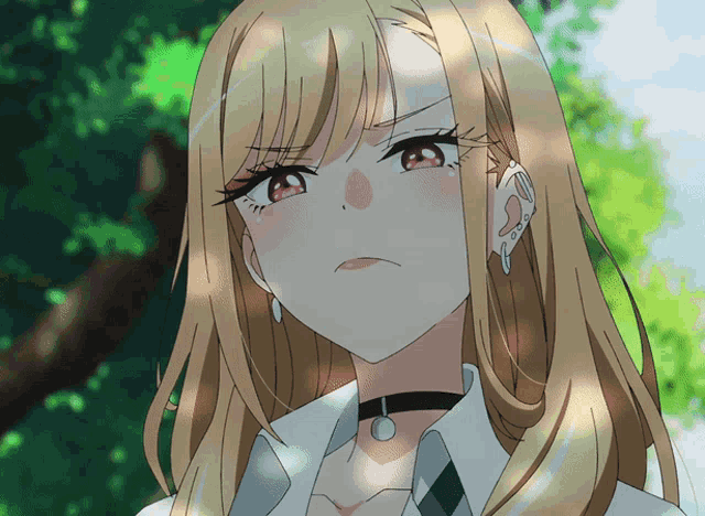 a close up of a blonde anime girl with a choker