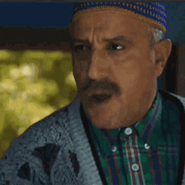a man with a mustache wearing a hat and a plaid shirt .