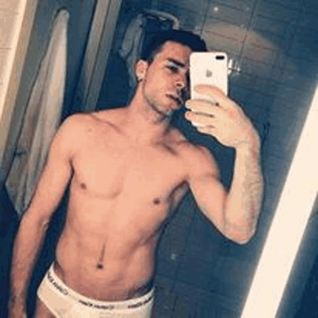 a shirtless man is taking a selfie with his cell phone in a bathroom mirror .