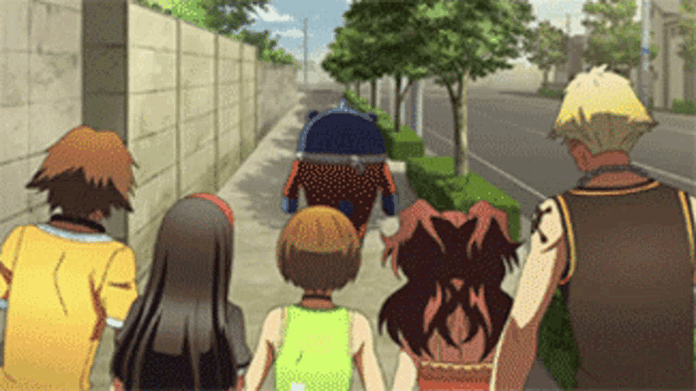 a group of anime characters are walking down a sidewalk holding hands