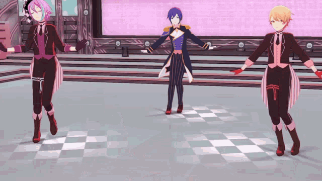 three anime characters are dancing on a checkerboard floor