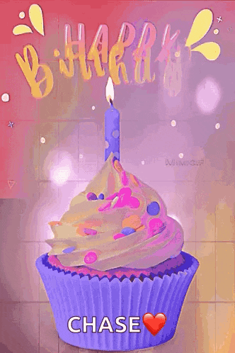 a purple cupcake with a blue candle on top of it and the words `` happy birthday chase '' behind it .
