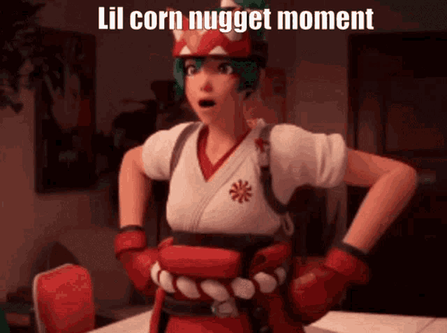 a cartoon character with the words lil corn nugget moment written above her