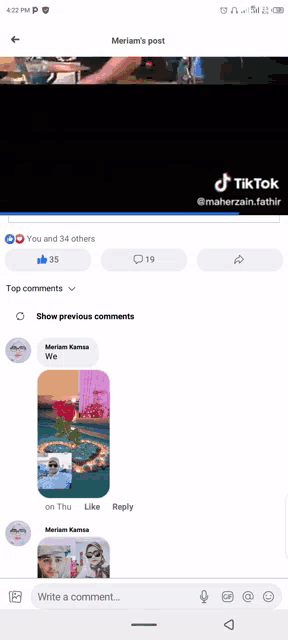 a screenshot of meriam 's post on tiktok shows the top comments