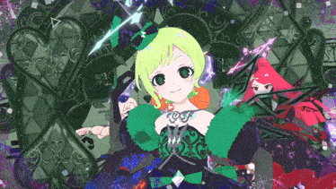 a girl with green hair and a top hat is surrounded by a purple and green background