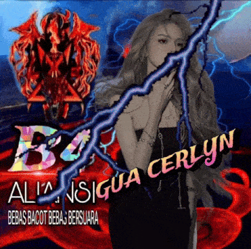 a woman is holding a lightning bolt in front of a logo that says alia noisegua cerlyn
