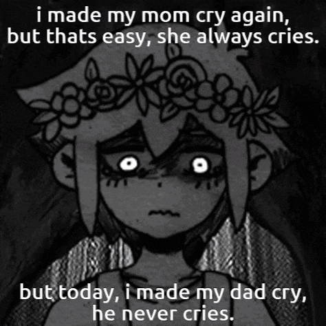 a black and white drawing of a girl with a flower crown on her head and the words " i made my mom cry again "