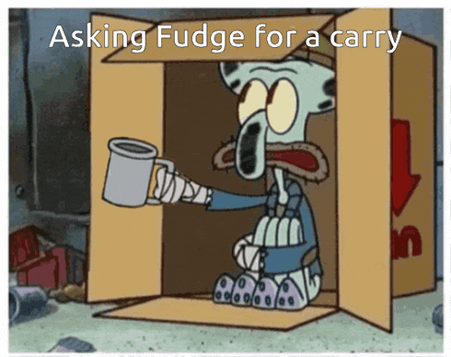 squidward from spongebob is sitting in a cardboard box holding a mug and asking fudge for a carry