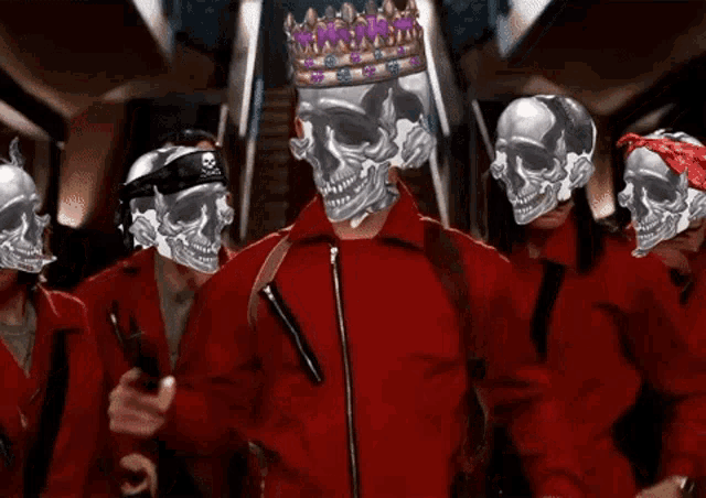 a man in a red jacket has skulls on his face and a crown on his head