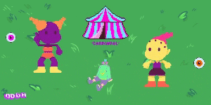 a pixel art drawing of a carnival with a purple and orange character