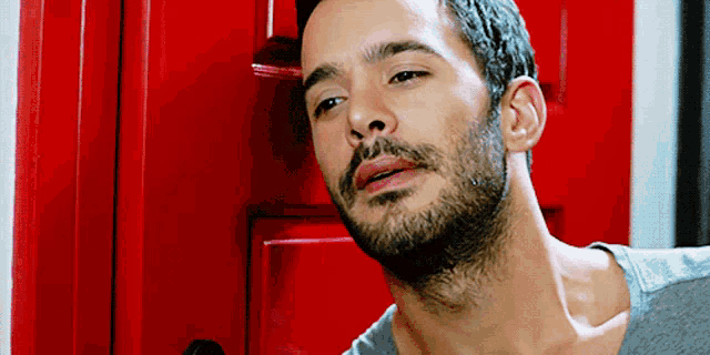 a man with a beard leaning against a red door