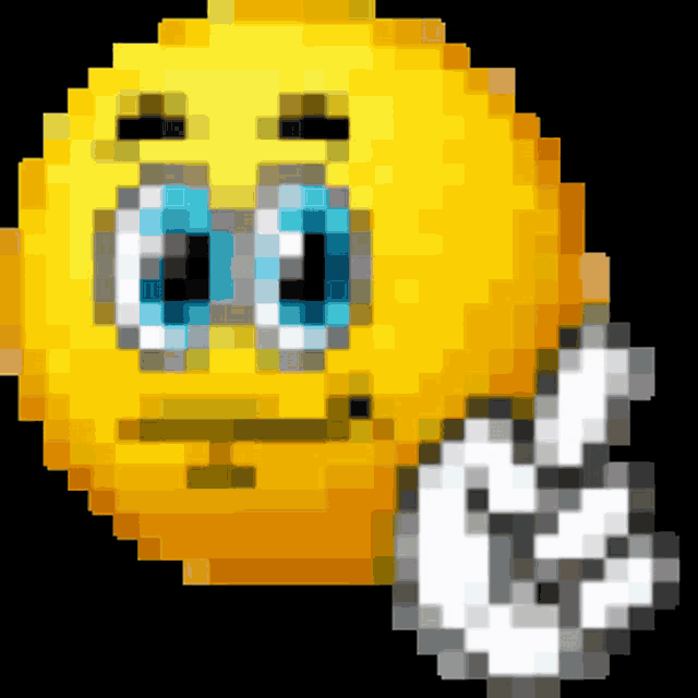 a pixel art of a smiley face with a hand pointing up