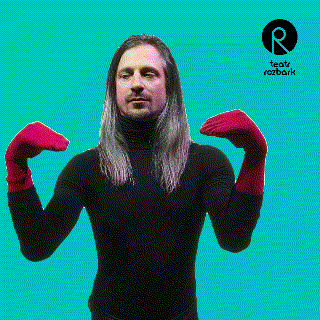 a man with long hair is flexing his muscles in front of a sign that says rozbark