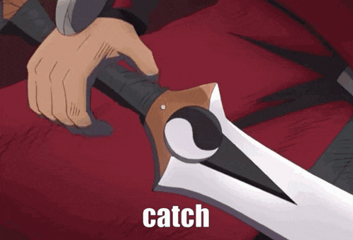 a person is holding a sword and the word catch is on the bottom