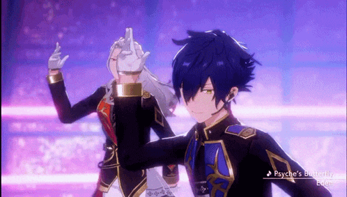 two anime characters are dancing in a video game called psyche 's butterfly event .