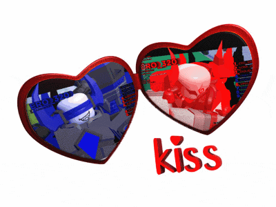 two hearts with the word kiss on the bottom right