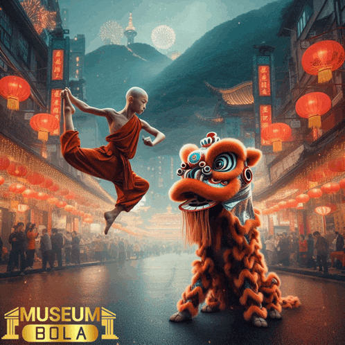 a poster for museum bola shows a monk and a lion dancing