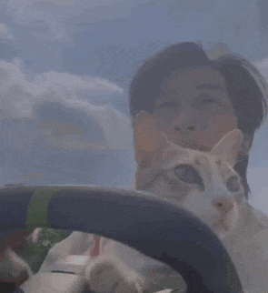 a man is driving a car with a cat on his shoulder .